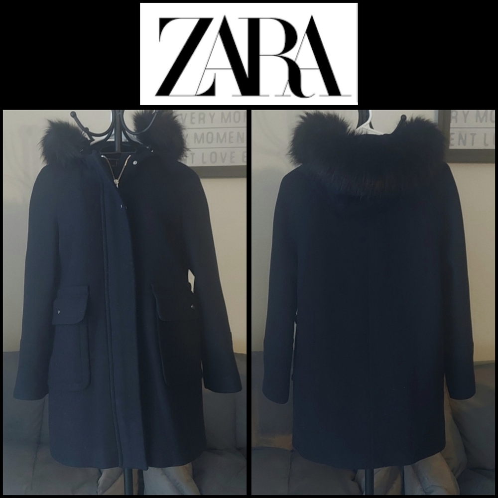 Women Zara black peacoat faux fur hood size small
